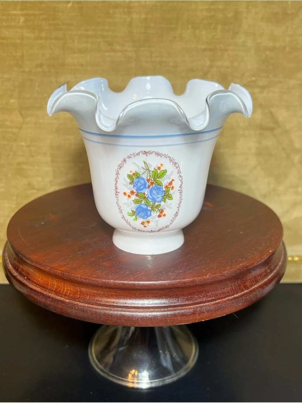 Colonial Blue Floral Roses Milk Glass Shade Ceiling Fan Chandelier Sconce Ruffle